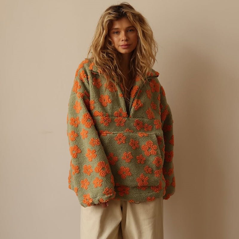 Petra | Women's Oversized Floral Teddy Fleece Half Zip Jacket