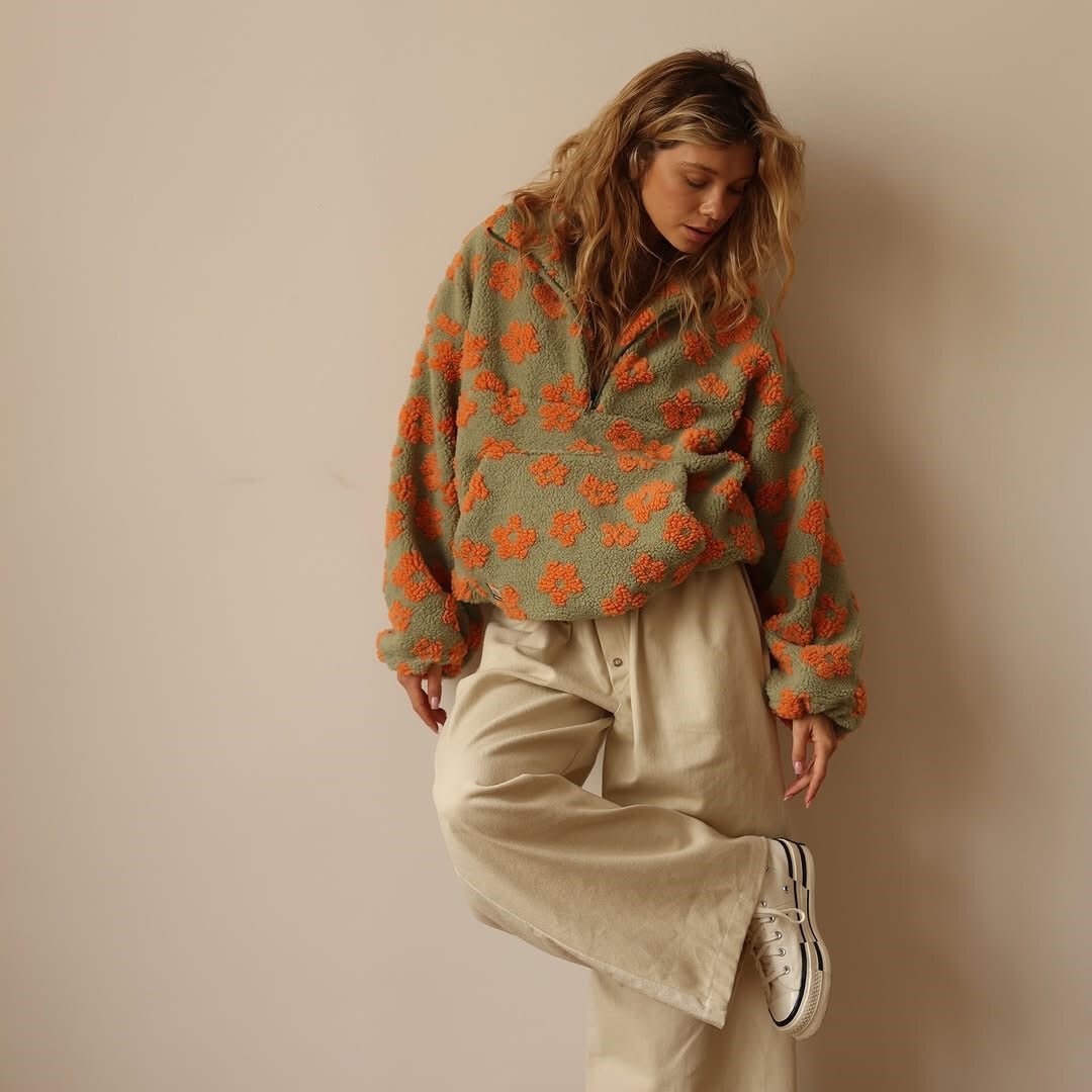 Petra | Women's Oversized Floral Teddy Fleece Half Zip Jacket