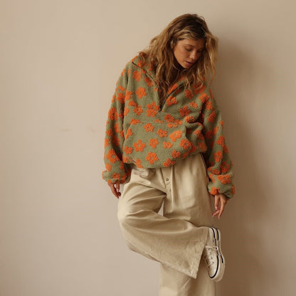 Petra | Women's Oversized Floral Teddy Fleece Half Zip Jacket
