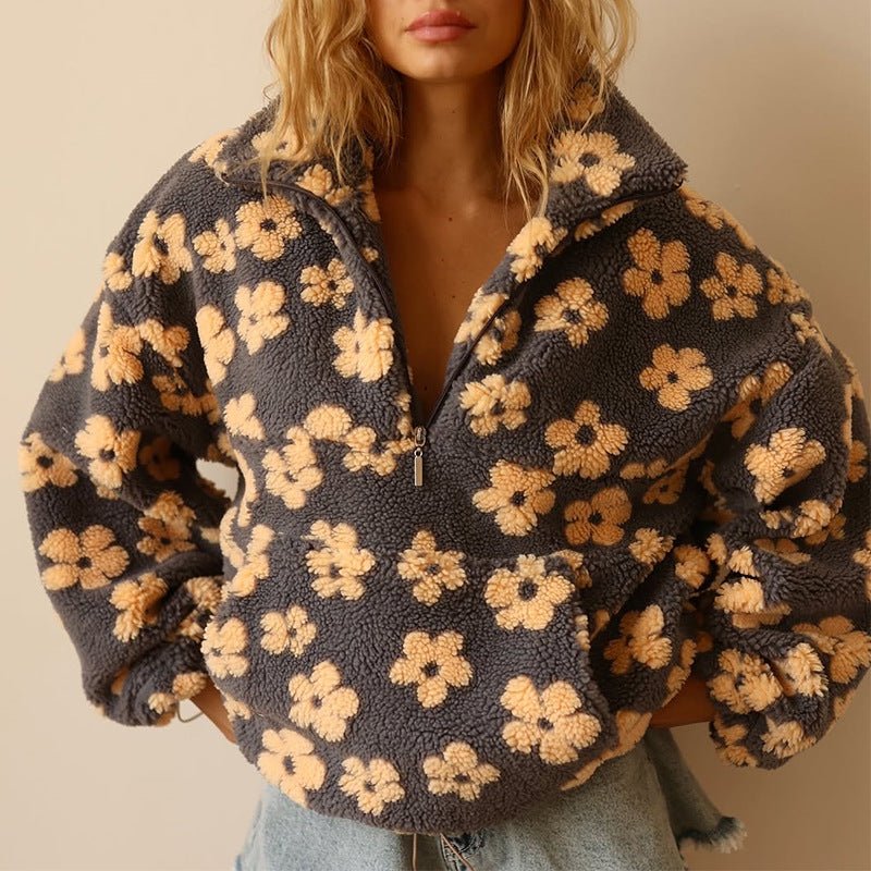 Petra | Women's Oversized Floral Teddy Fleece Half Zip Jacket