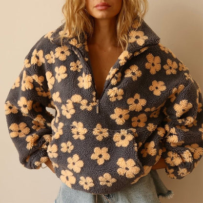 Petra | Women's Oversized Floral Teddy Fleece Half Zip Jacket