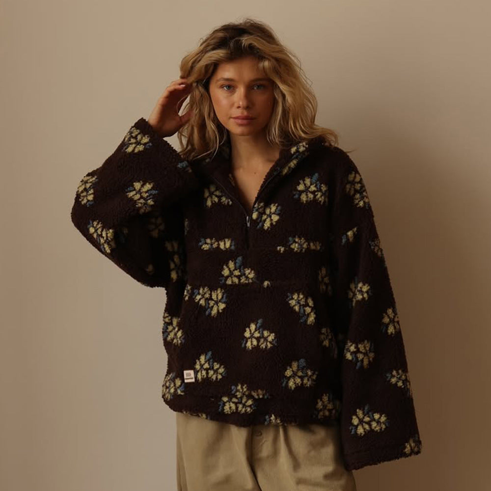 Petra | Women's Oversized Floral Teddy Fleece Half Zip Jacket