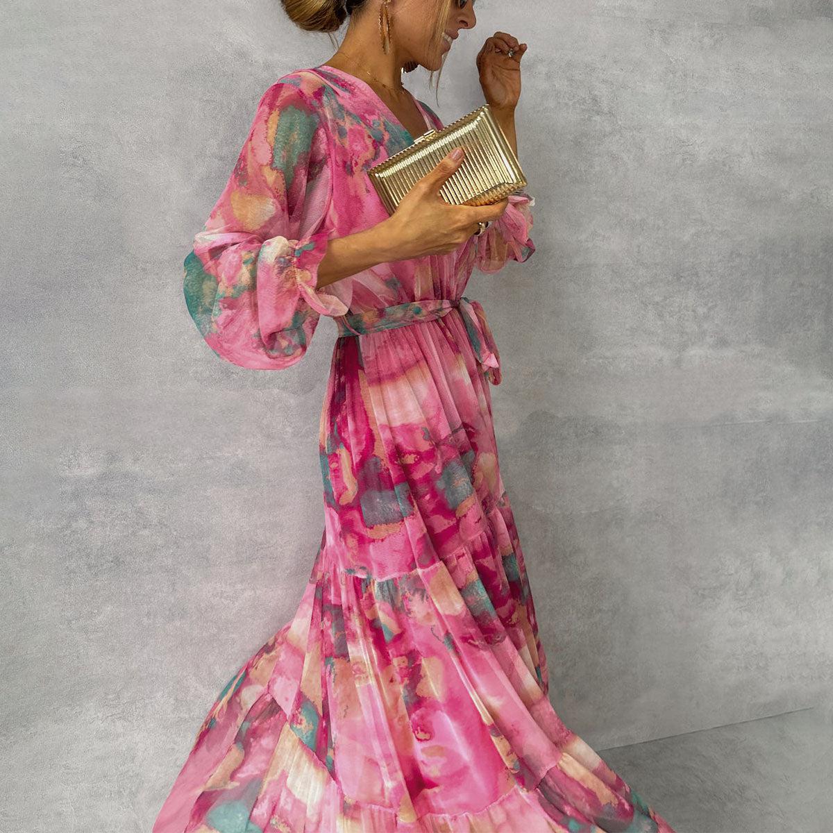 Bianca | Long Sleeve Floral Wrap V Neck Tiered Chiffon Boho Maxi Dress