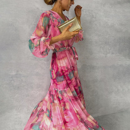Bianca | Long Sleeve Floral Wrap V Neck Tiered Chiffon Boho Maxi Dress