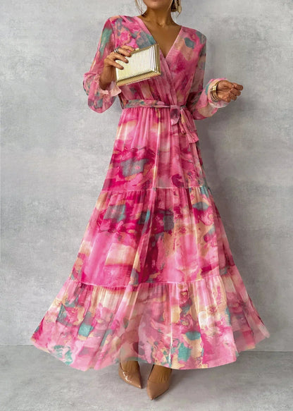 Bianca | Long Sleeve Floral Wrap V Neck Tiered Chiffon Boho Maxi Dress