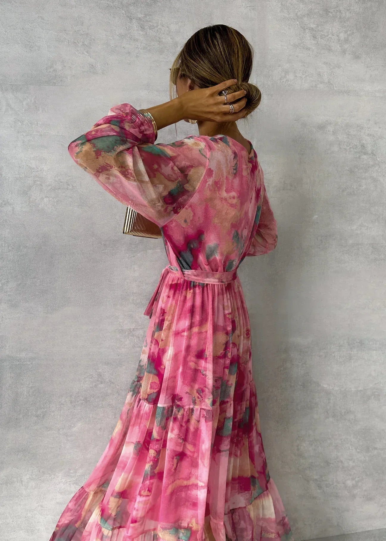 Bianca | Long Sleeve Floral Wrap V Neck Tiered Chiffon Boho Maxi Dress