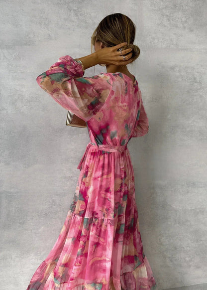 Bianca | Long Sleeve Floral Wrap V Neck Tiered Chiffon Boho Maxi Dress