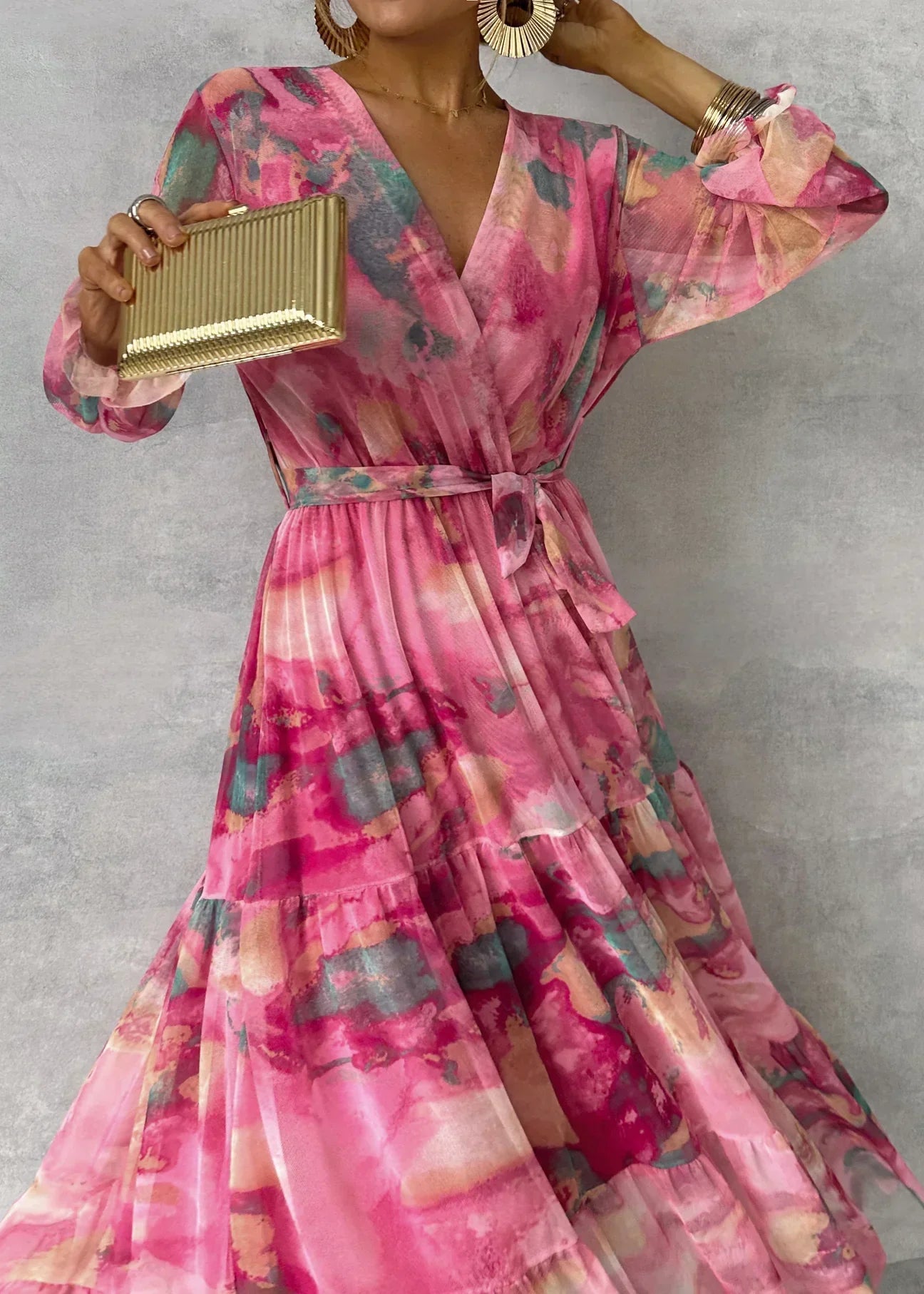 Bianca | Long Sleeve Floral Wrap V Neck Tiered Chiffon Boho Maxi Dress