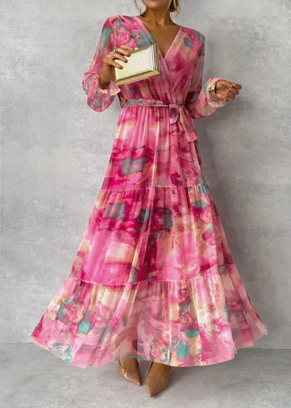 Freya | Women's Boho Pleated Floral Maxi Dress Long Sleeve