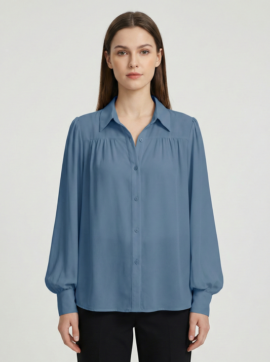 Monroe | Balloon Sleeve Gathered Yoke Lapel Collar Elegant Blouse