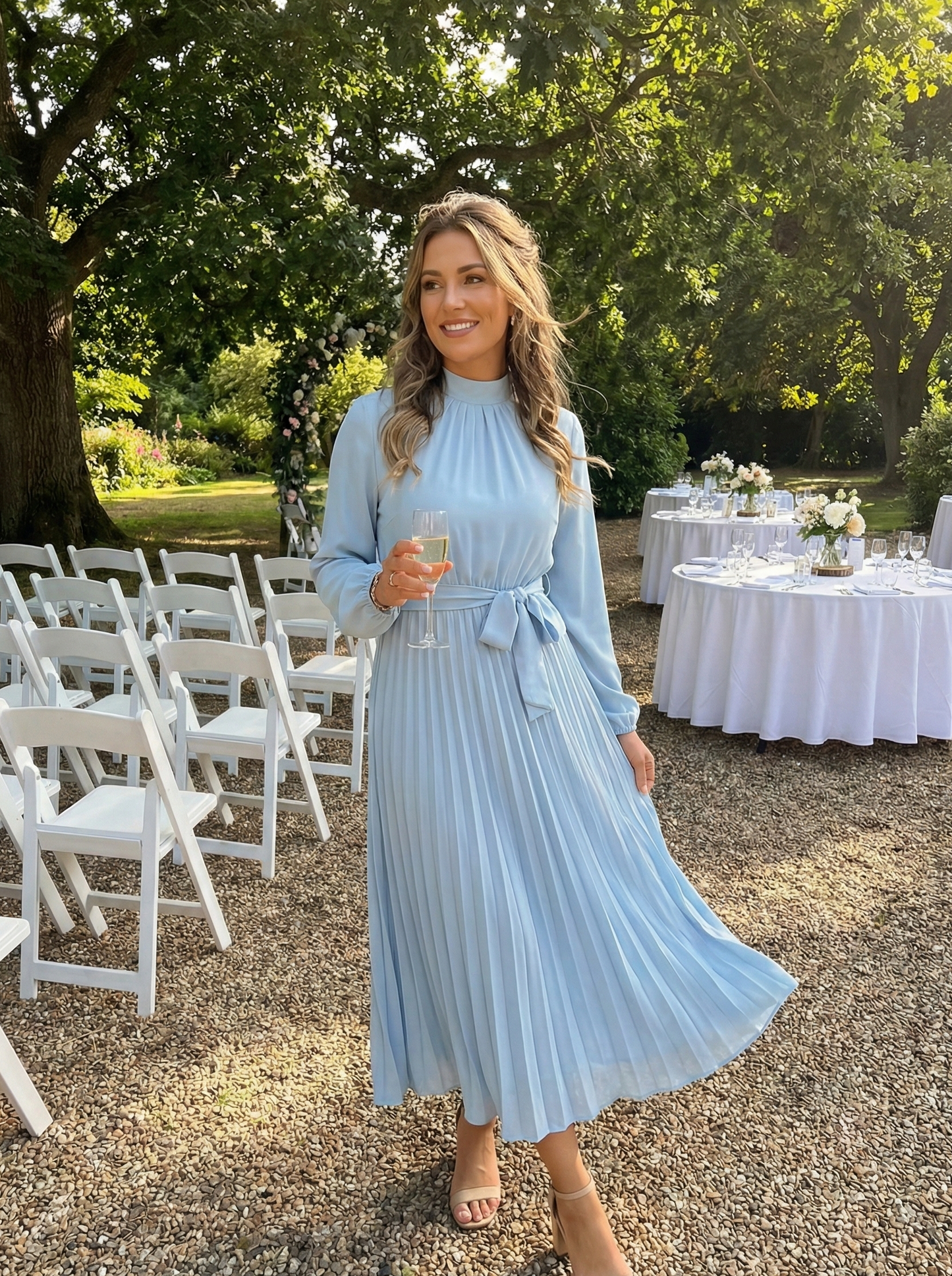 Celeste | Mock Neck Long Sleeve Belted Pleated Midi Wedding Guest Dress