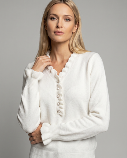 Kristi | Long Sleeve Ruffle Trim V Neck Jewel Button Knit Blouse