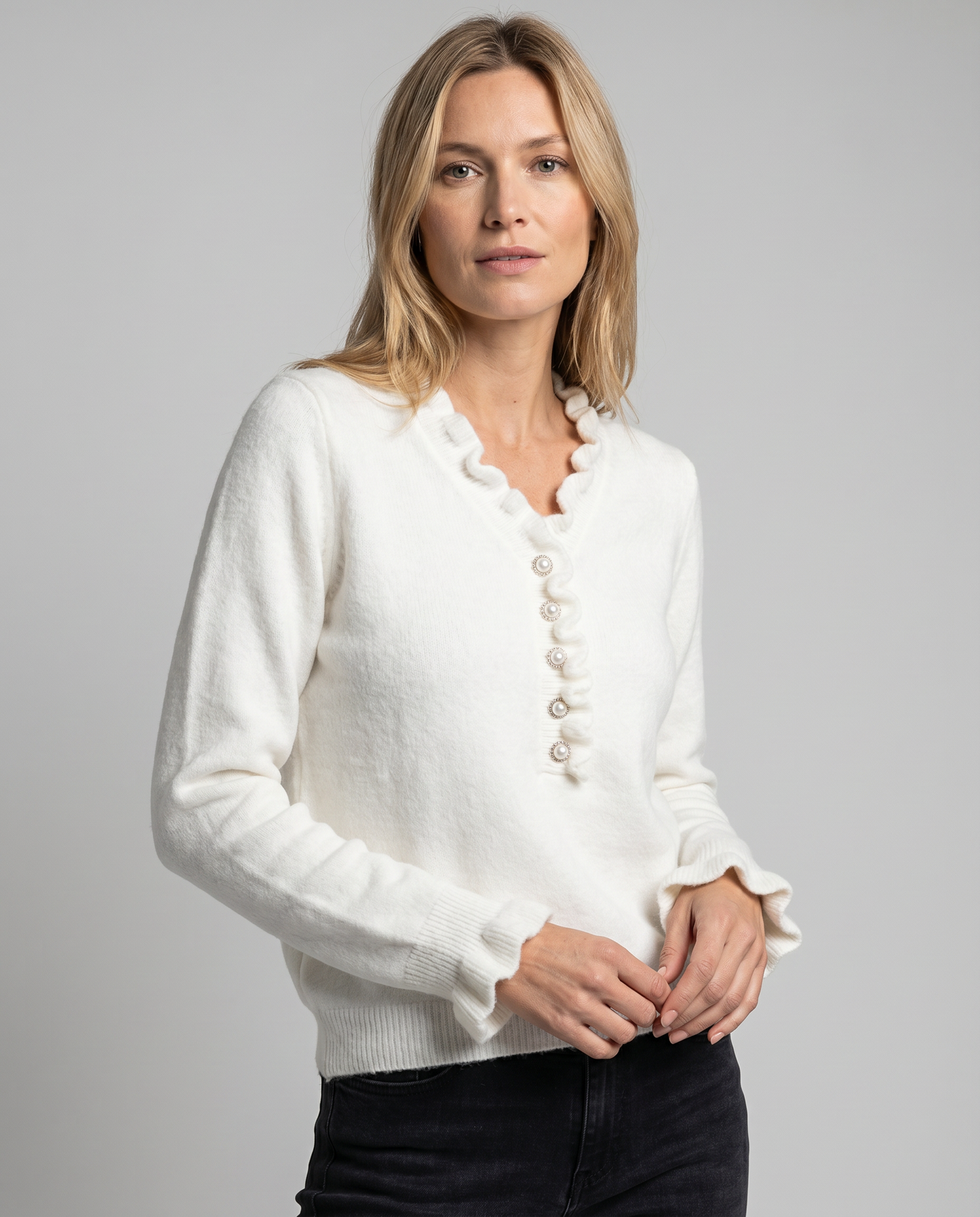 Kristi | Long Sleeve Ruffle Trim V Neck Jewel Button Knit Blouse