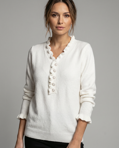 Kristi | Long Sleeve Ruffle Trim V Neck Jewel Button Knit Blouse