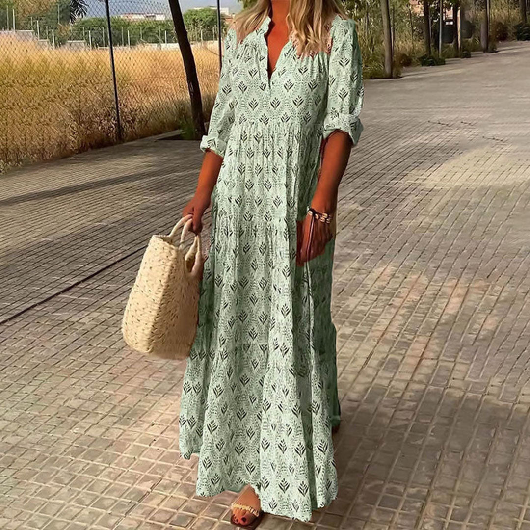 Sage | V Neck Roll Up Sleeve Boho Print Relaxed Maxi Dress