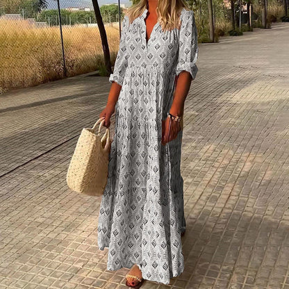 Sage | V Neck Roll Up Sleeve Boho Print Relaxed Maxi Dress