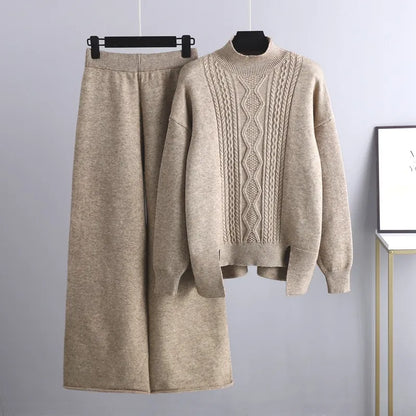 Wrenith | Women's Cable Knit High Neck Wide-Leg Sweater Set