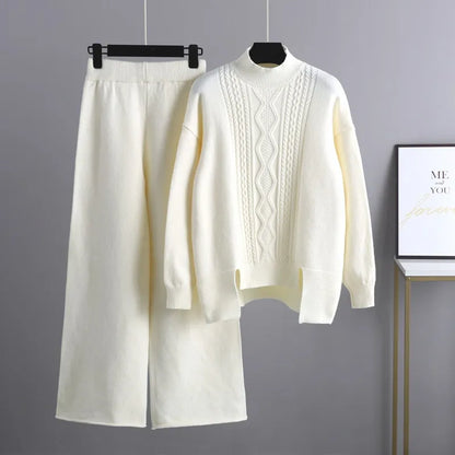 Wrenith | Women's Cable Knit High Neck Wide-Leg Sweater Set