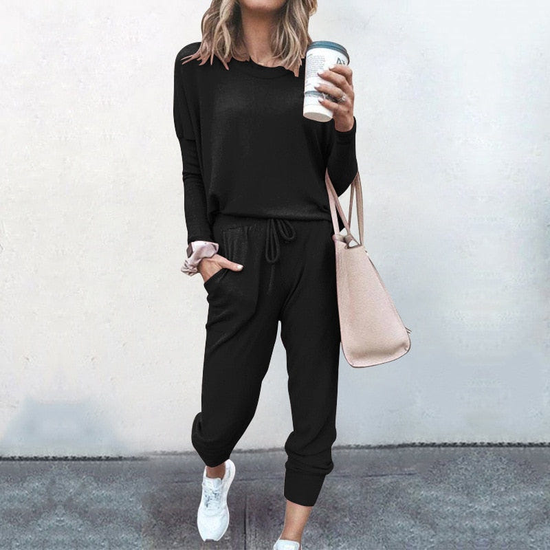 Marlowen | Women's Soft Stretch Loungewear Set Long Sleeve Top Drawstring Joggers