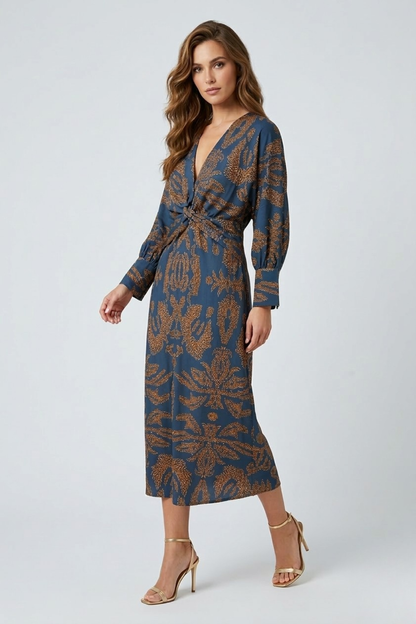 Faye | Printed Twist Front Deep V Neck Midi Dress