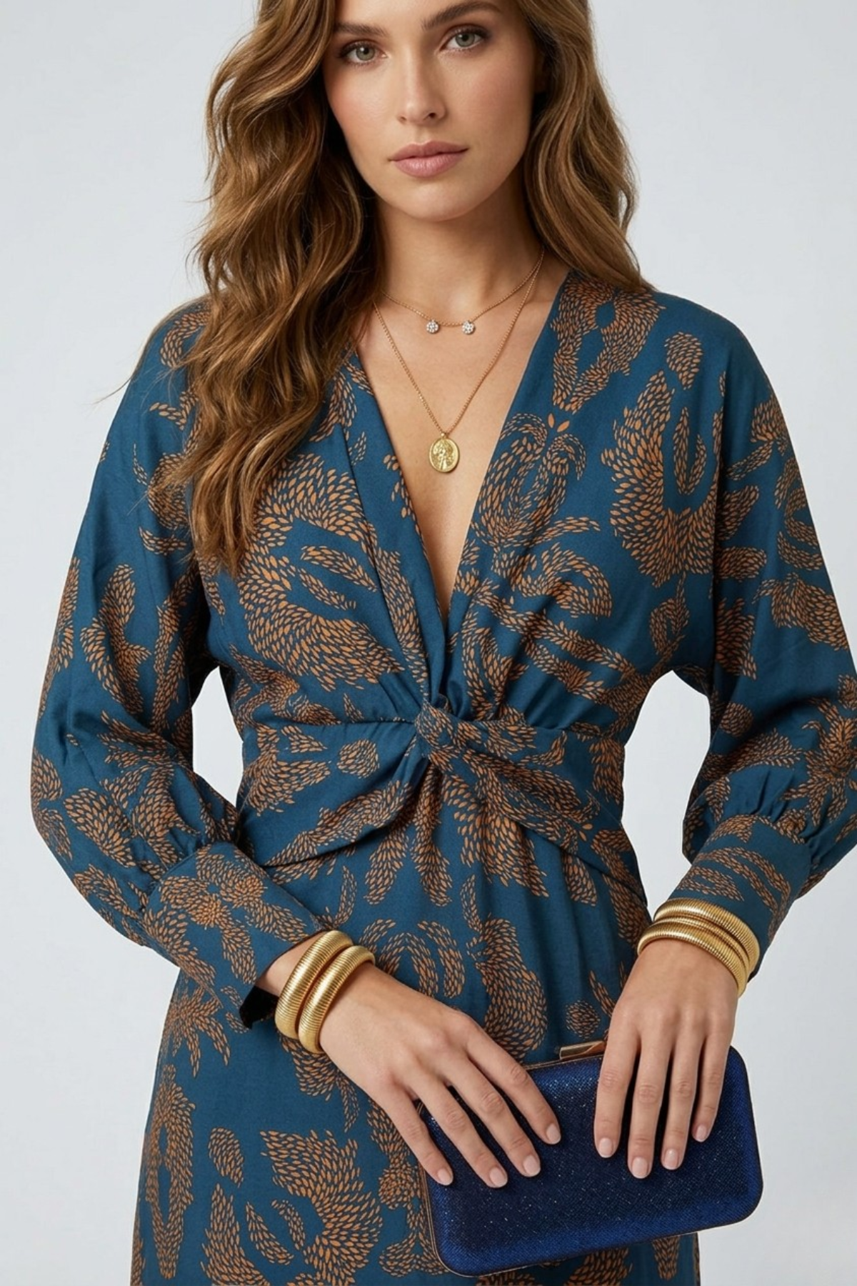Faye | Printed Twist Front Deep V Neck Midi Dress