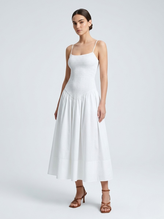 Jade | Shirred Bodice Spaghetti Strap Cotton Midi Dress