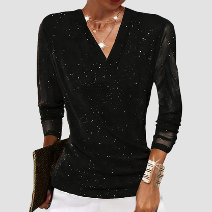 Maribel | Women's Elegant Draped Sparkle V Neck Blouse