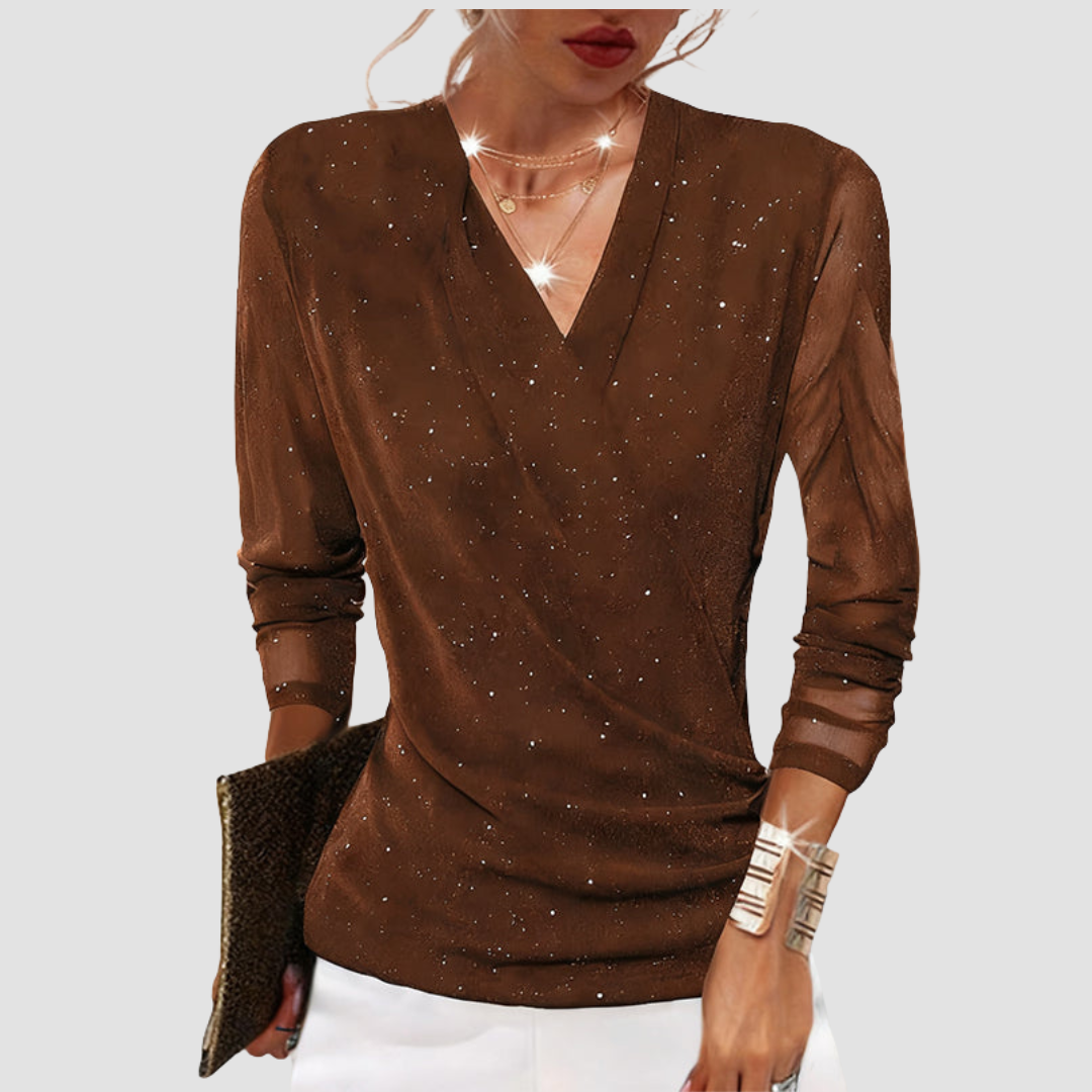 Maribel | Women's Elegant Draped Sparkle V Neck Blouse