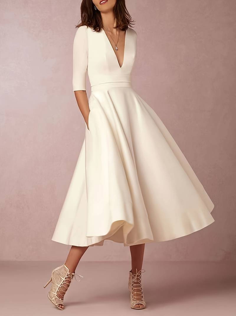 Ella | Deep V Neck 3/4 Sleeve Flared A-Line Midi Wedding Guest Dress