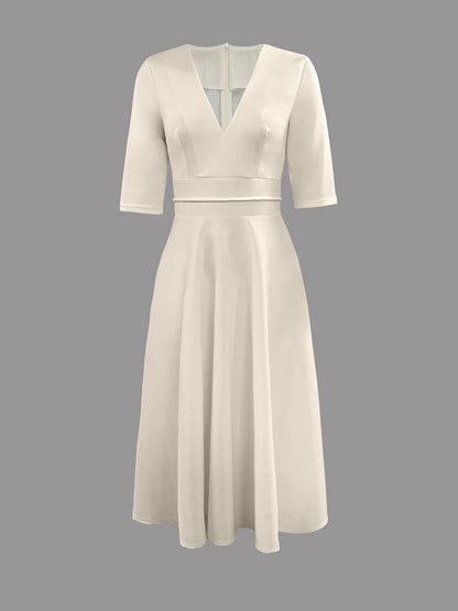 Ella | Deep V Neck 3/4 Sleeve Flared A-Line Midi Wedding Guest Dress