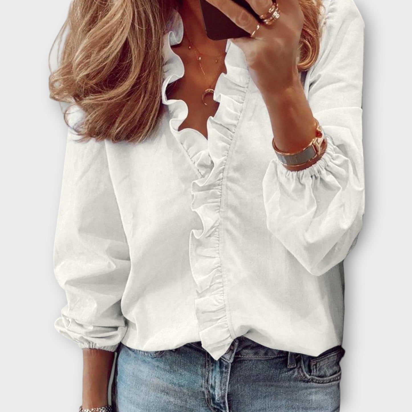 Isadora | Long Sleeve V Neck Ruffle Trim Elegant Blouse