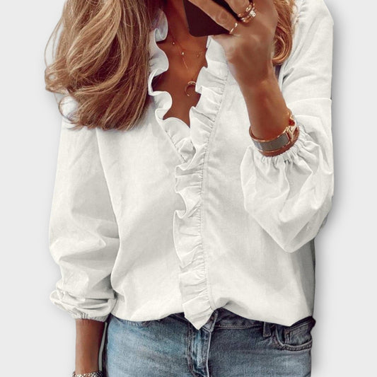 Isadora | Long Sleeve V Neck Ruffle Trim Elegant Blouse