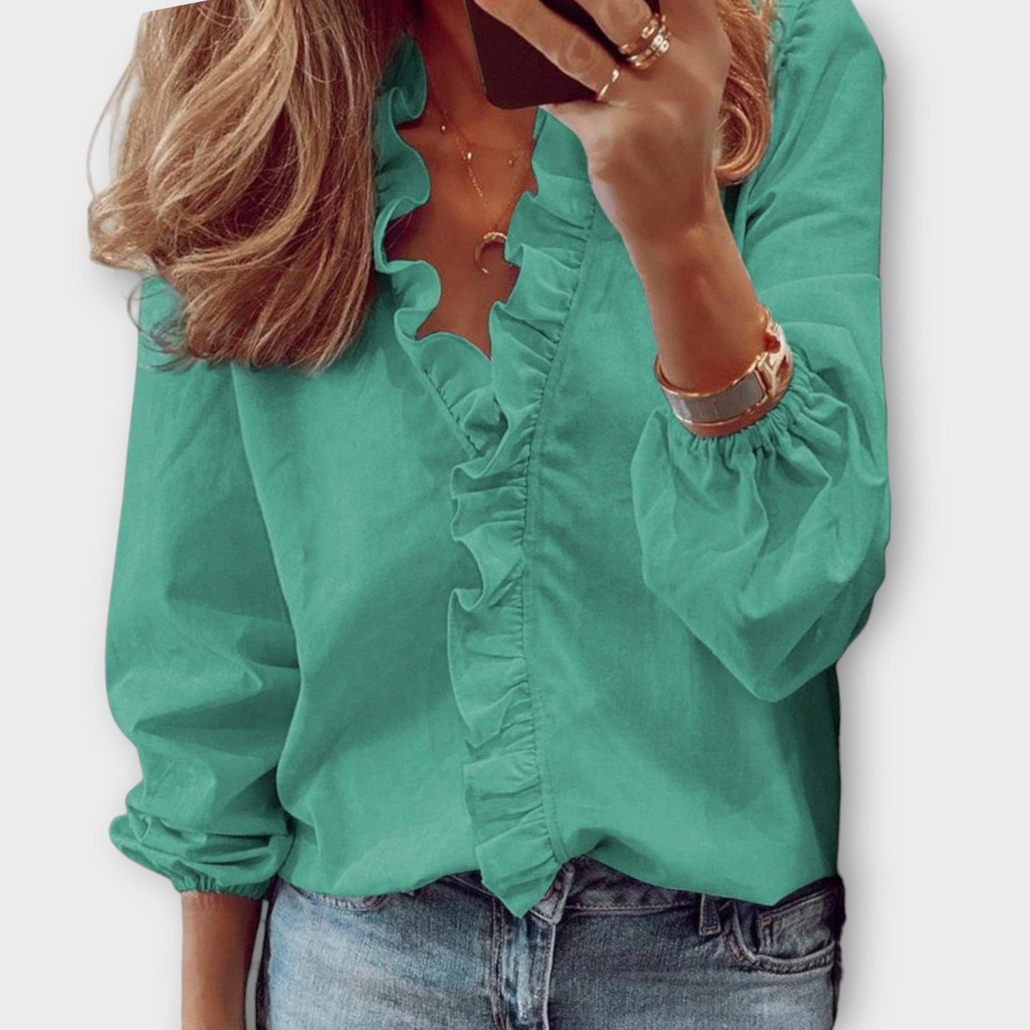 Isadora | Long Sleeve V Neck Ruffle Trim Elegant Blouse