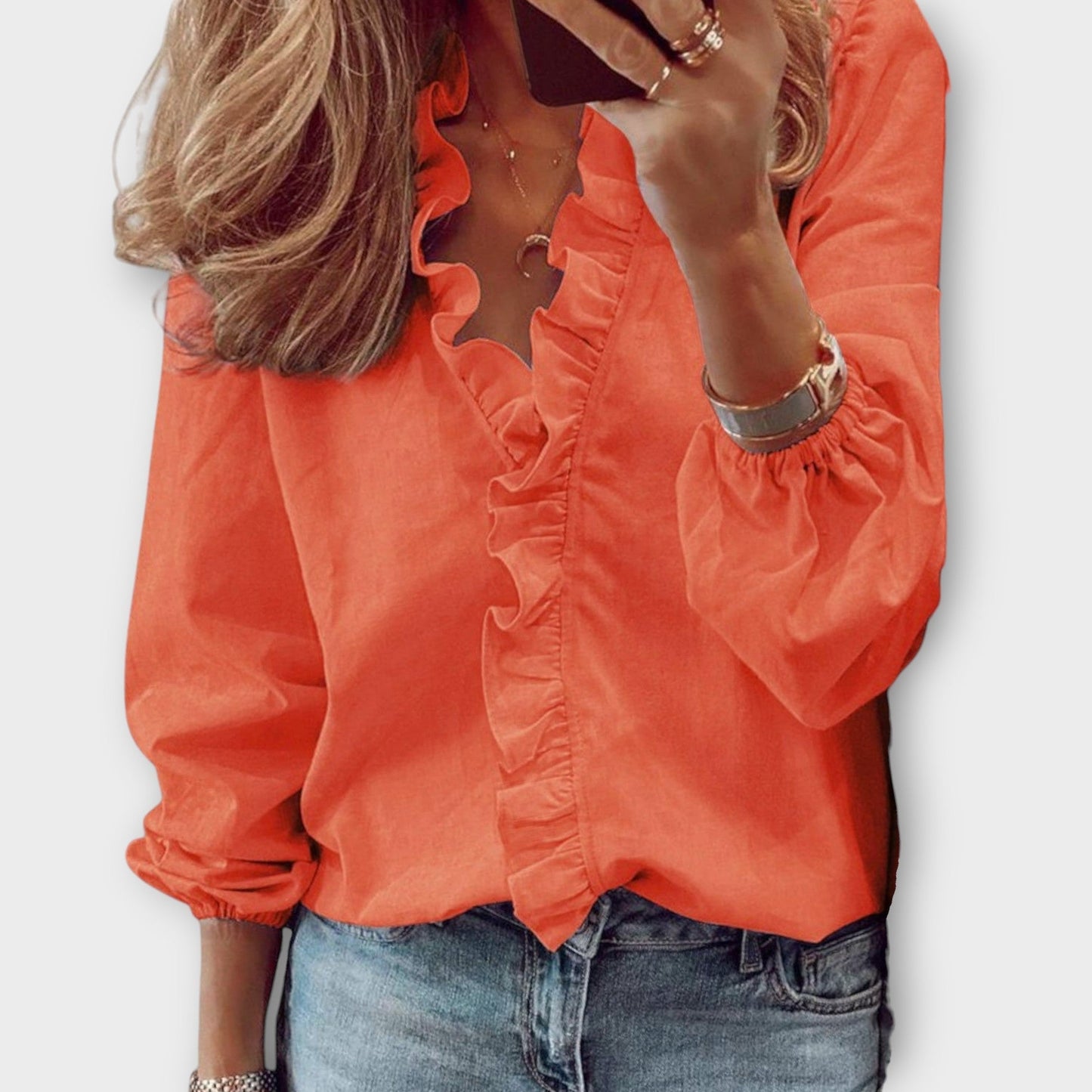 Isadora | Long Sleeve V Neck Ruffle Trim Elegant Blouse