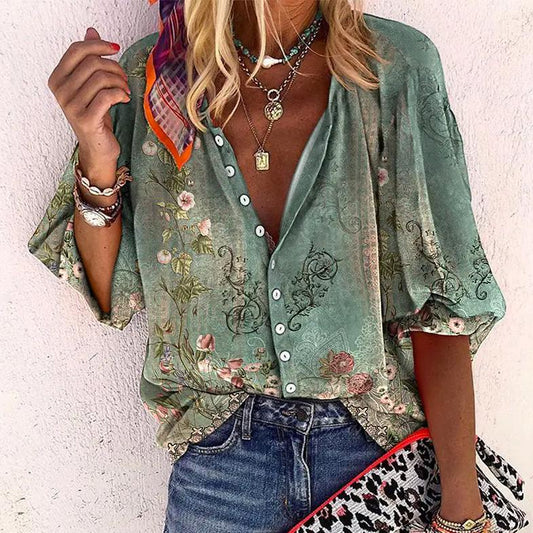 Isla | Floral Boho Print V Neck Button Down Long Sleeve Blouse