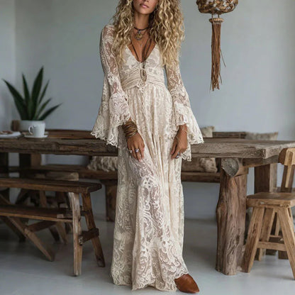 Ivory | Lace Flare Sleeve Deep V Neck Flowing Boho Maxi Dress