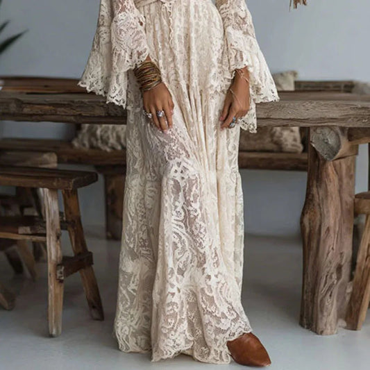 Ivory | Lace Flare Sleeve Deep V Neck Flowing Boho Maxi Dress