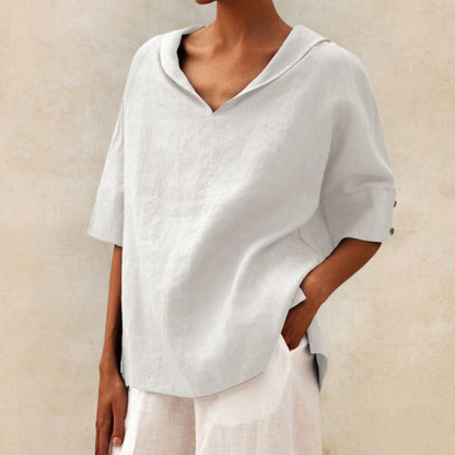 Lena | Collar V Neck 3/4 Sleeve Oversized Linen Blend Casual Top