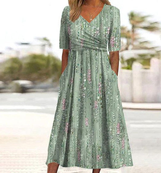 Audrey | Short Sleeve Floral V Neck Ruched Waist A-Line Midi Summer Dress