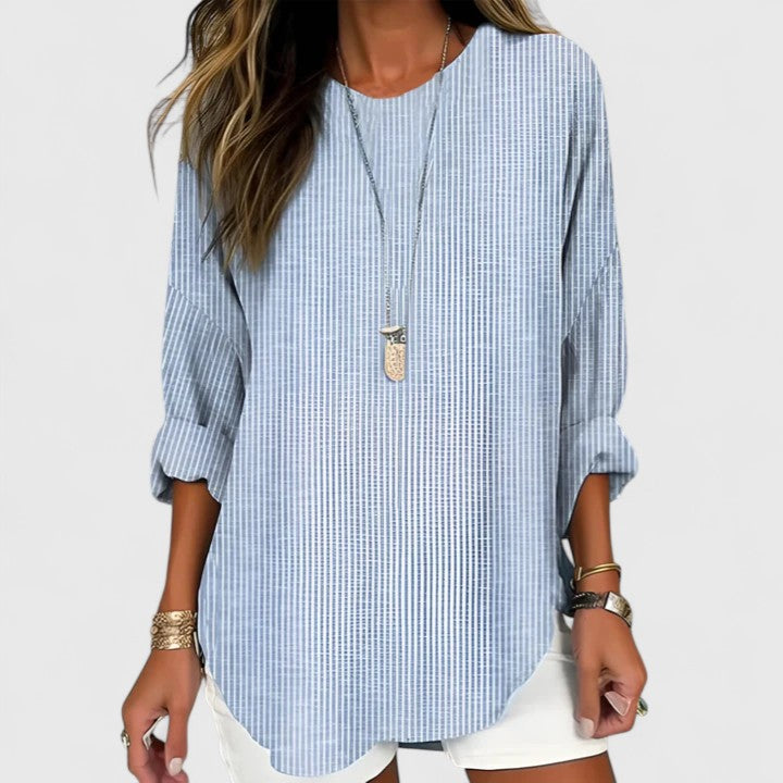 Cressida | Long Sleeve Striped Round Neck Relaxed Casual Linen Blouse