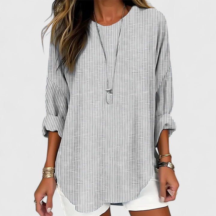 Cressida | Long Sleeve Striped Round Neck Relaxed Casual Linen Blouse