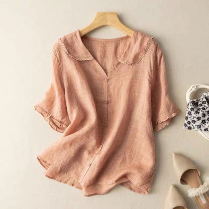 Vivian | Puff Sleeve Peter Pan Collar Cotton Linen Blend Blouse