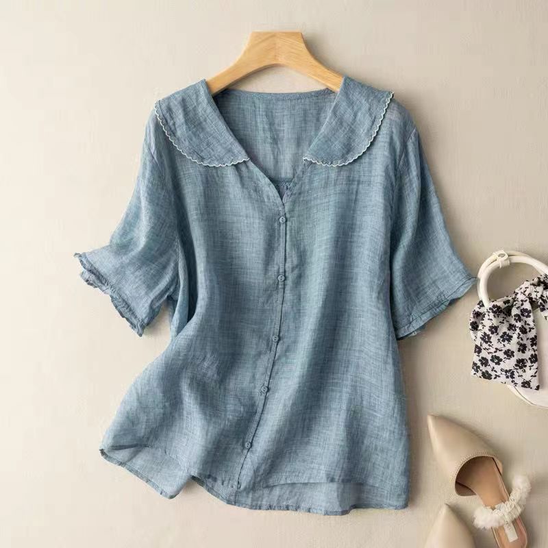 Vivian | Puff Sleeve Peter Pan Collar Cotton Linen Blend Blouse