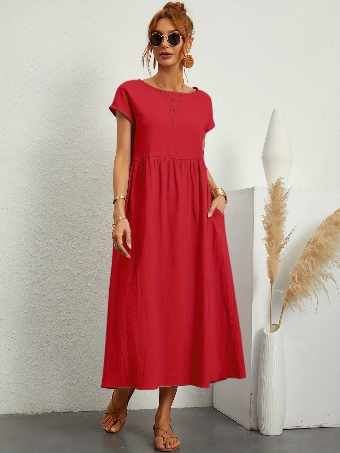 Sage | Short Sleeve Round Neck Gathered Waist Relaxed Maxi Dress
