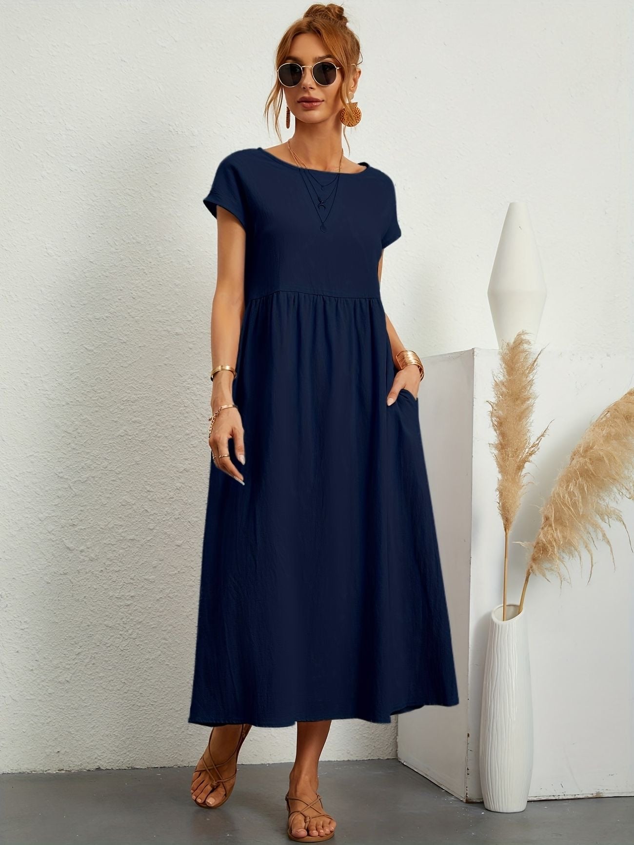 Sage | Short Sleeve Round Neck Gathered Waist Relaxed Maxi Dress
