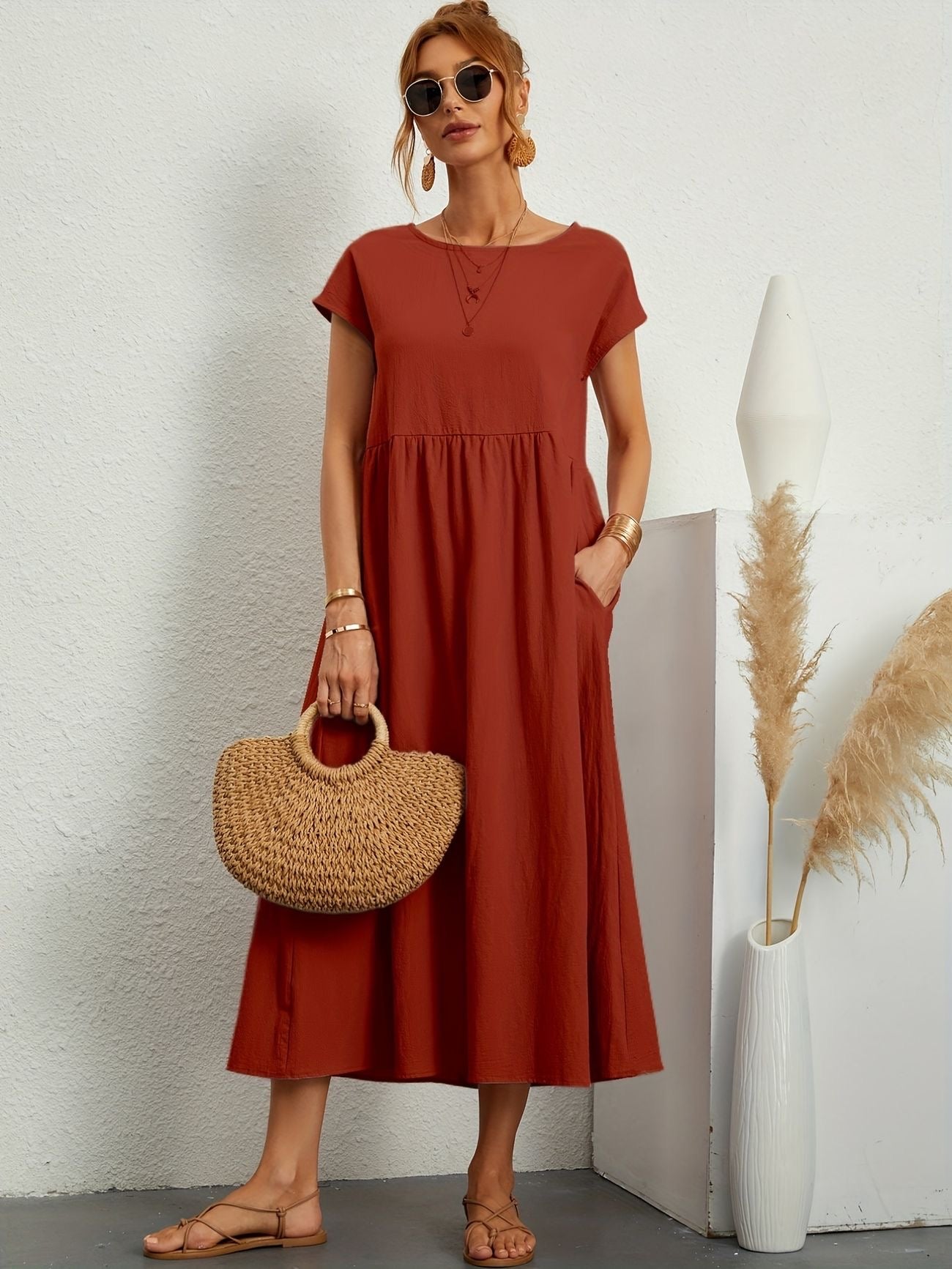 Sage | Short Sleeve Round Neck Gathered Waist Relaxed Maxi Dress