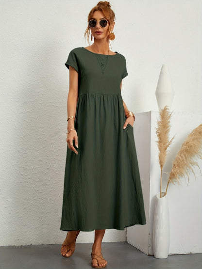 Sage | Short Sleeve Round Neck Gathered Waist Relaxed Maxi Dress