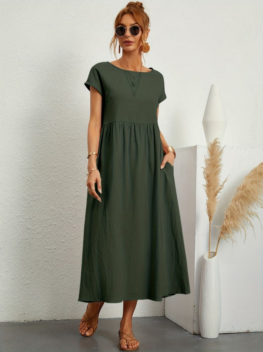 Sage | Short Sleeve Round Neck Gathered Waist Relaxed Maxi Dress