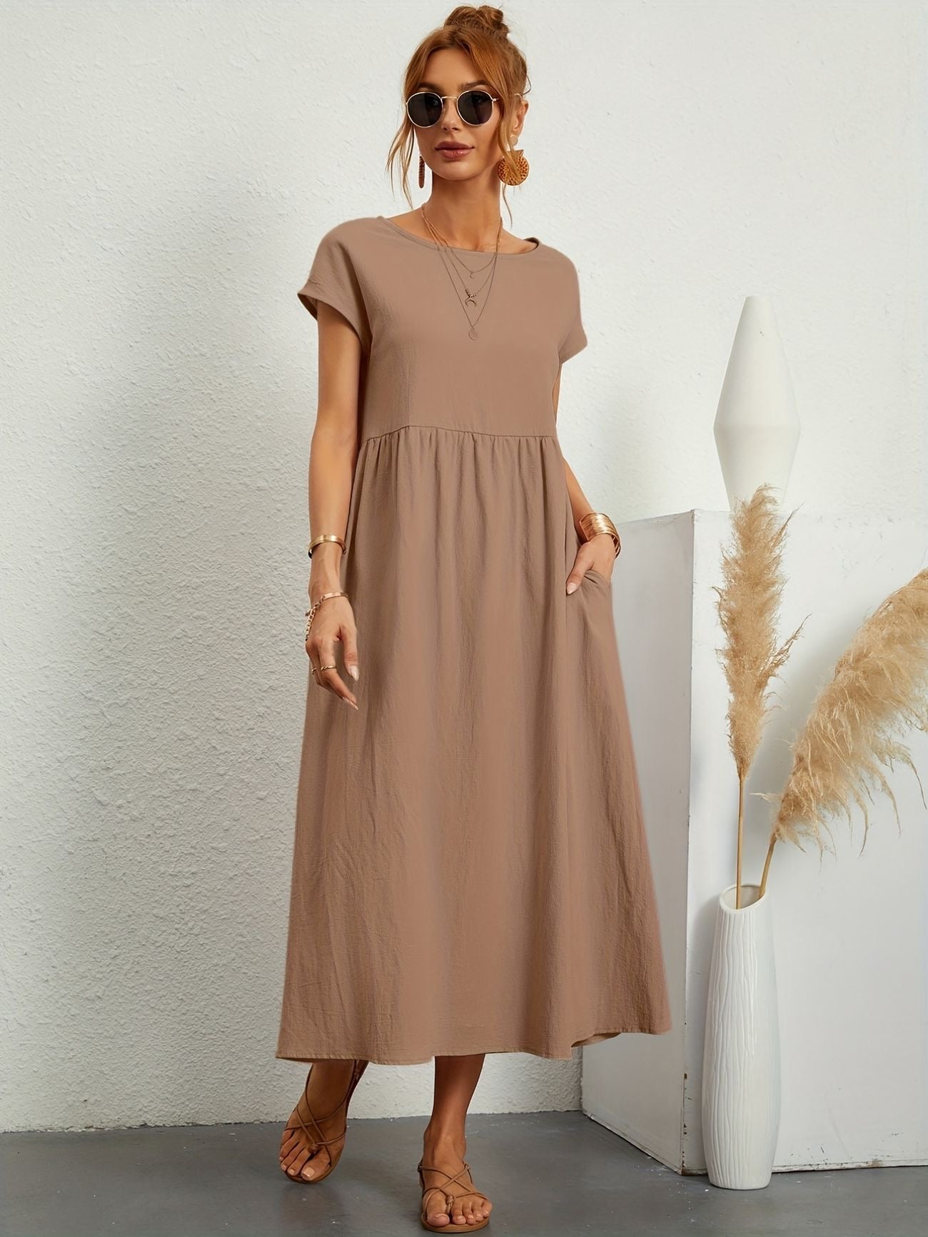 Sage | Short Sleeve Round Neck Gathered Waist Relaxed Maxi Dress