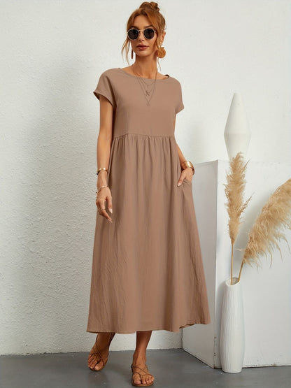 Sage | Short Sleeve Round Neck Gathered Waist Relaxed Maxi Dress